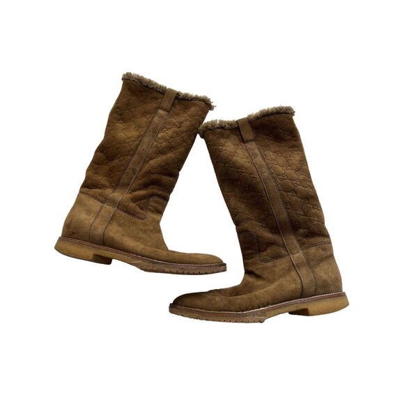 Gucci Suede Monogram Shearling Boots in Brown with Dustbag - Picture 1 of 7